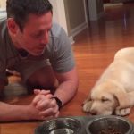 Lab Puppy Praying with Daddy Before Dinner