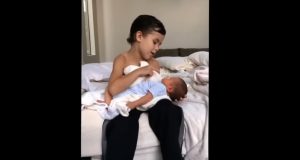 Heartwarming scene, six-year-old big brother, newborn baby brother, sibling love, serenade, bonding through music, touching moment, unbreakable sibling bond, innocence and tenderness, expressions of affection