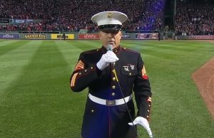 Marine Sgt. Dan Clark, God Bless America, seventh-inning stretch, marine song, performance, patriotism, unforgettable rendition, ballpark, unity, American anthem