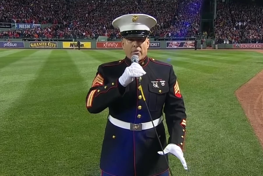 Marine Sgt. Dan Clark, God Bless America, seventh-inning stretch, marine song, performance, patriotism, unforgettable rendition, ballpark, unity, American anthem