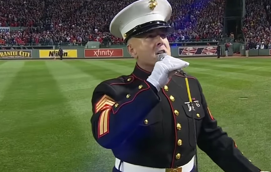 Marine Sgt. Dan Clark, God Bless America, seventh-inning stretch, marine song, performance, patriotism, unforgettable rendition, ballpark, unity, American anthem