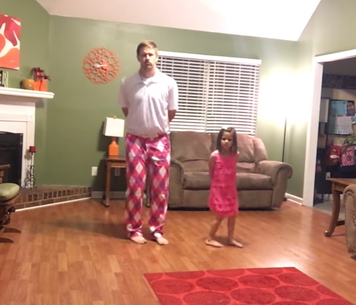 father-daughter dance, Justin Timberlake's “Can’t Stop the Feeling”, epic dance, family bonding, choreography, joy of dancing, matching outfits, heartwarming story, energy and love, contagious happiness