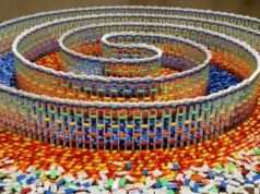 15,000 dominoes, Triple spiral, Domino art, Hevesh5, Domino chain reaction, Hypnotic domino fall, Domino masterpiece, Creative domino design, Domino artist, 25 hours setup