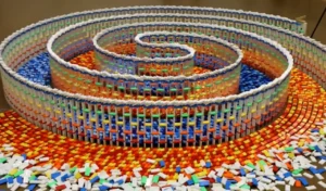 15,000 dominoes, Triple spiral, Domino art, Hevesh5, Domino chain reaction, Hypnotic domino fall, Domino masterpiece, Creative domino design, Domino artist, 25 hours setup