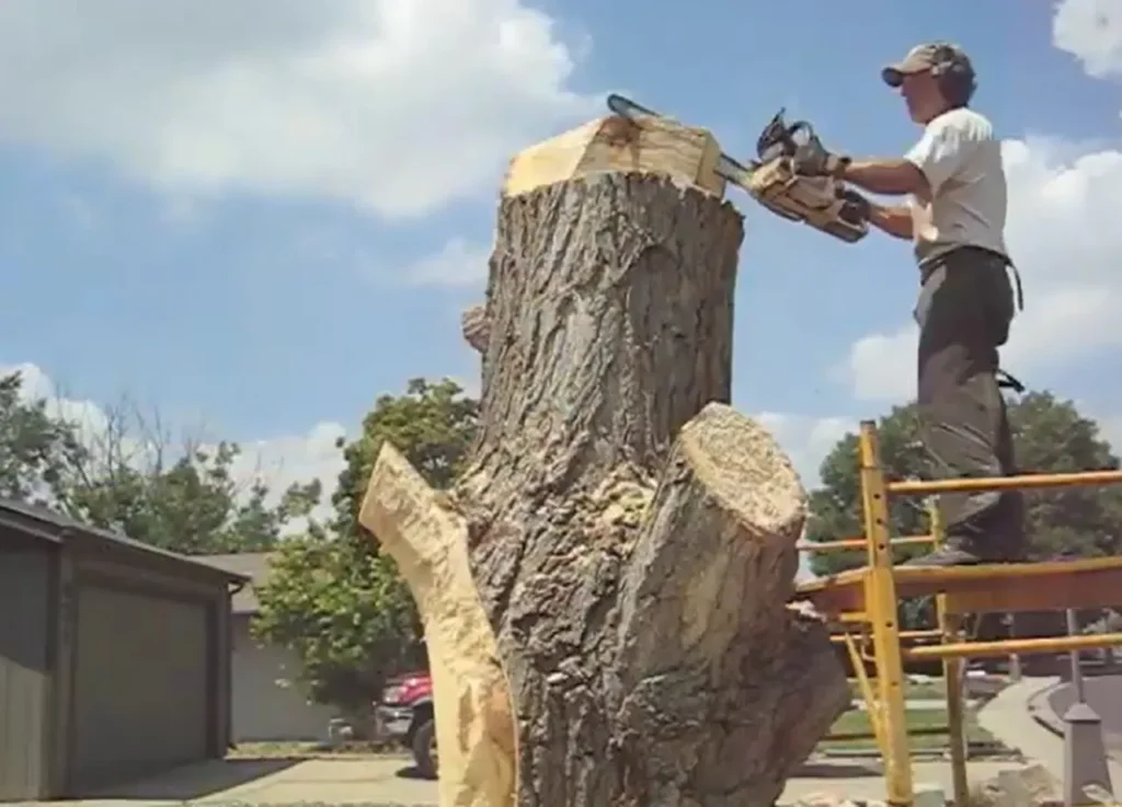 Tree stump wood carving, Wood carving transformation, Upcycling tree stump, Chainsaw wood carving, Art from tree stump, Creative wood upcycling, Power tool wood carving, Airbrush wood sculpture, Eco-friendly wood art, Wood carving artist