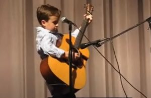 guitar, kids, talent, John Cash, performance, funny, cover, blue, white, text,