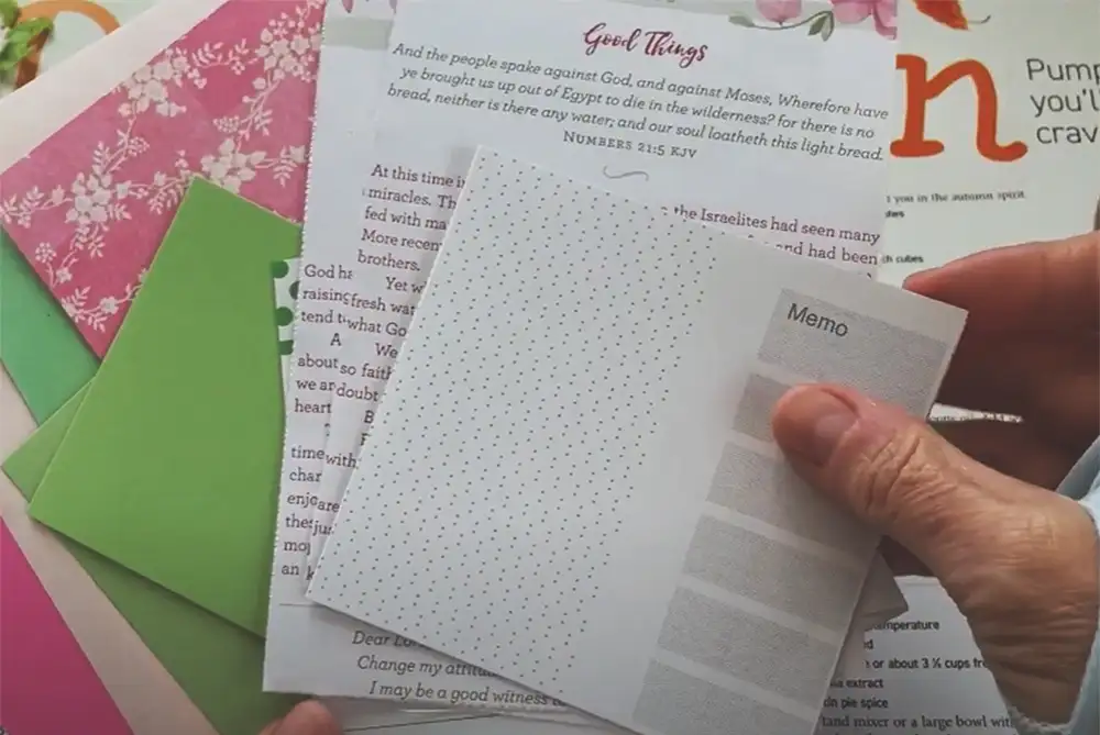 Stack 5-6 paper sheets folded in half (called 'signatures'). Make 4-5 signatures per journal. Varied paper types add character.