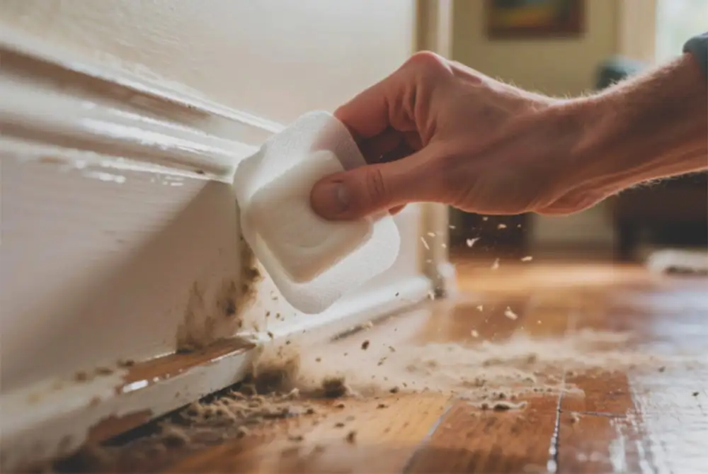 Quick dusting hack using dryer sheets on baseboards