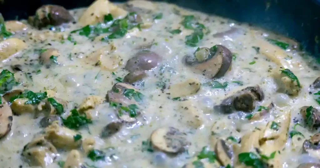 Delicious creamy mushroom sauteed in a savory garlic sauce, garnished with fresh herbs..