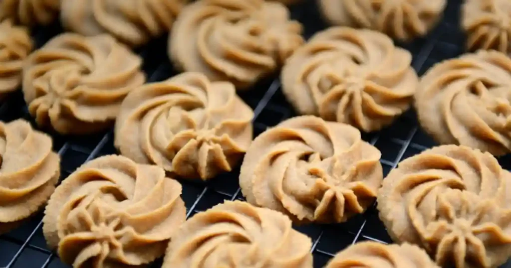Freshly baked butter cookies arranged on a cooling rack, showcasing their intricate swirls..