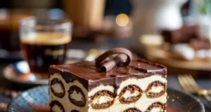 Festive tiramisu slice topped with chocolate shavings and clementine zest