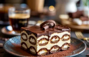 Festive tiramisu slice topped with chocolate shavings and clementine zest