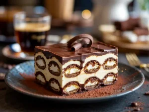 Festive tiramisu slice topped with chocolate shavings and clementine zest