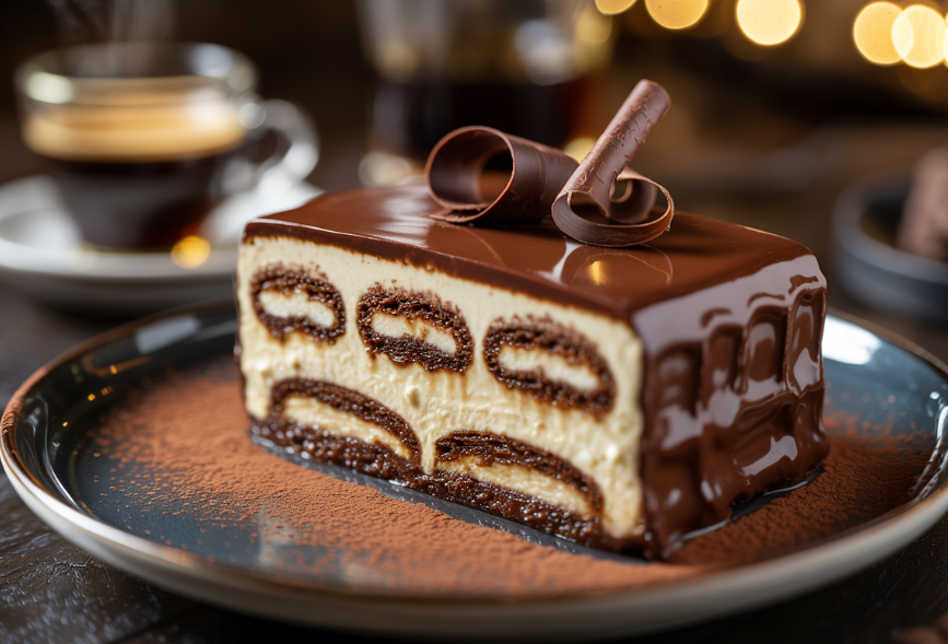 Festive tiramisu slice topped with chocolate shavings and clementine zest