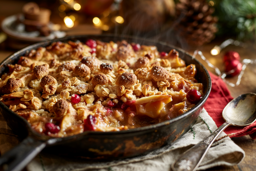 Rustic holiday crumble bubbling in a baking dish with golden topping