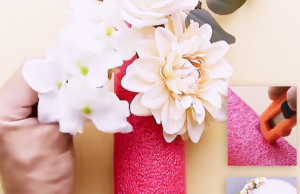 A DIY wedding decor tutorial showing a pool noodle being cut and filled with faux flowers to create a colorful floral arrangement for centerpieces, arches, or a flower wall.