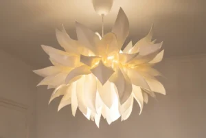 A budget-friendly IKEA lamp hack transformed into a luxury-looking ceiling light for a stylish home decor upgrade.