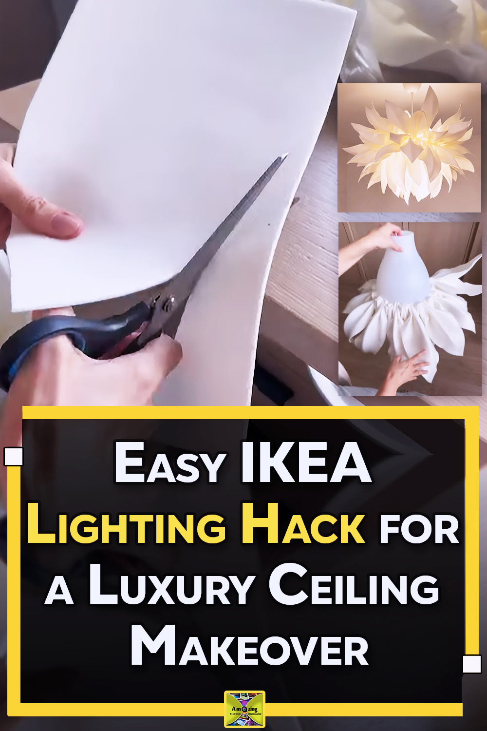 A budget-friendly IKEA lamp hack transformed into a luxury-looking ceiling light for a stylish home decor upgrade.