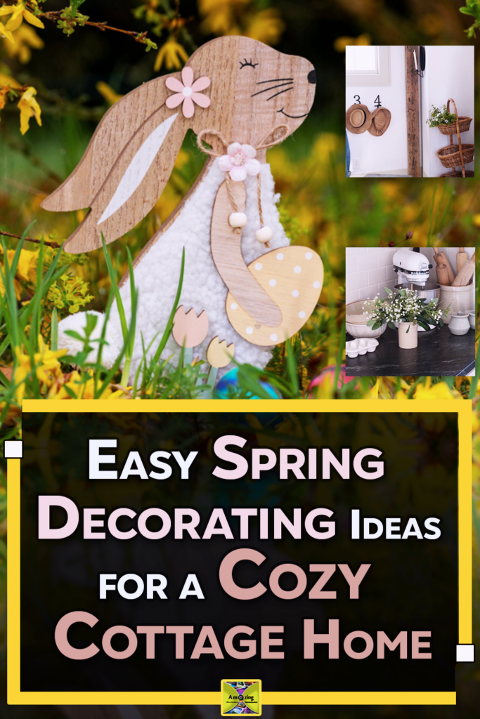 A cozy cottage-style home decorated for spring with budget-friendly seasonal accents like flowers, terracotta pots, baskets, vintage finds, and light neutral fabrics.