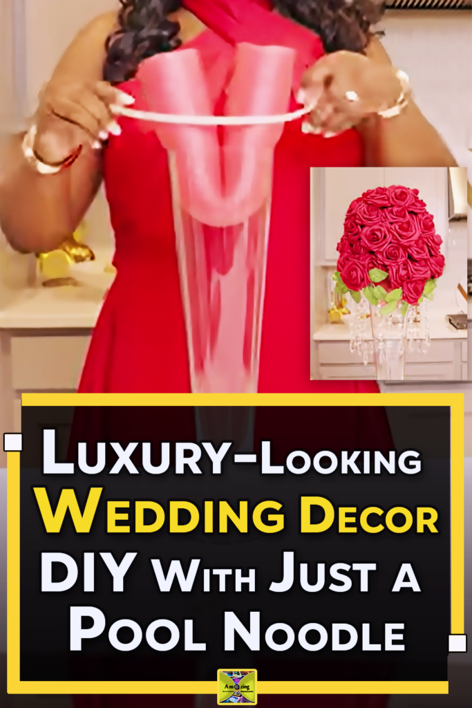 A DIY wedding centerpiece made from a pool noodle and floral materials, styled to look elegant and high end for wedding table decor.