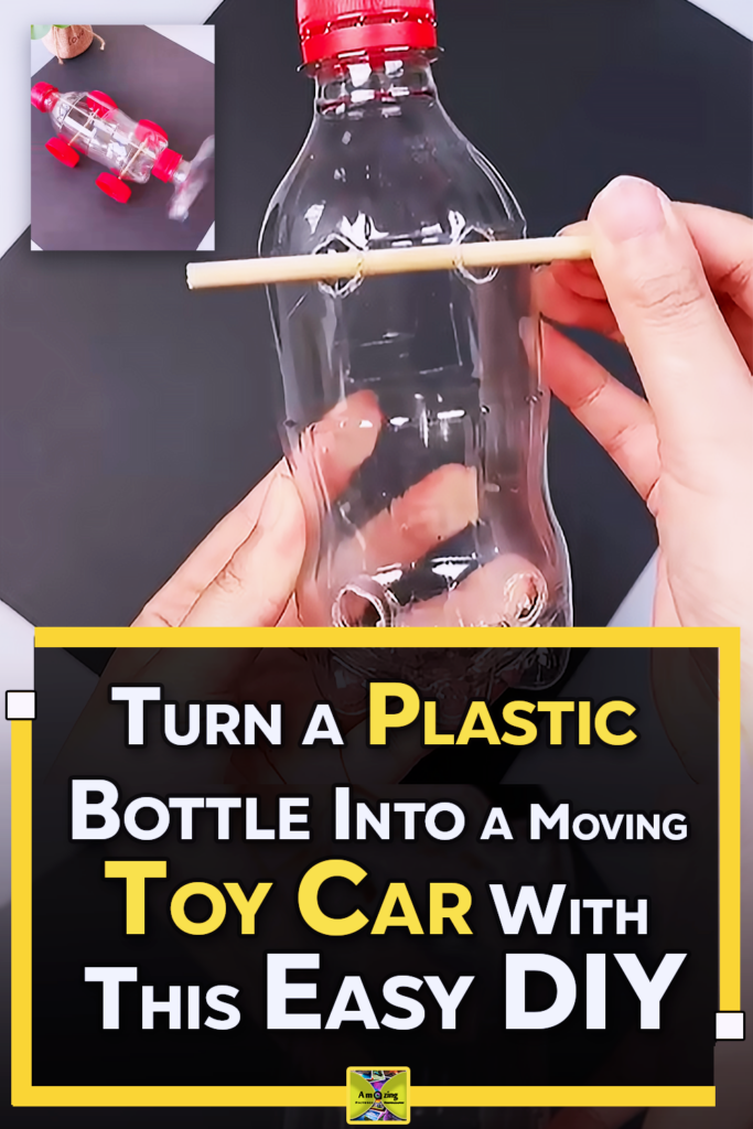 A handmade toy car built from a recycled plastic bottle with wheels and a propeller, shown as an easy DIY craft idea for kids, home projects, or school science activities.