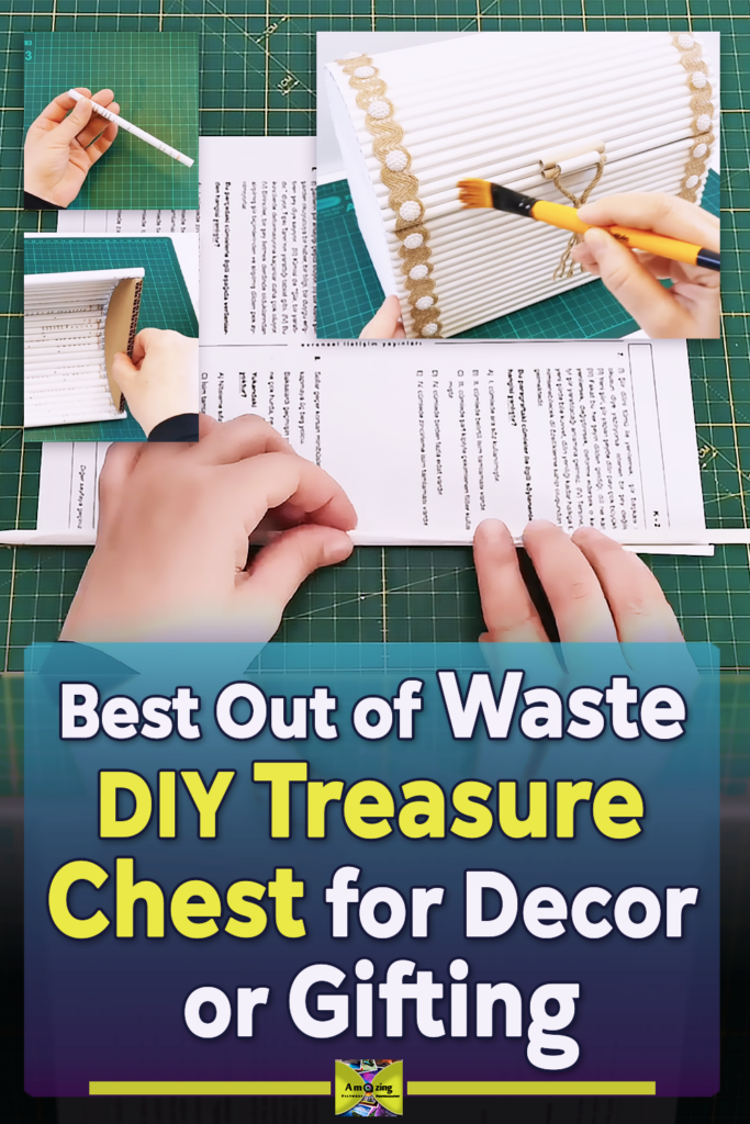 A handmade DIY treasure chest created from waste paper or recycled cardboard, styled as a decorative craft project for storage, gifting, or home decor.