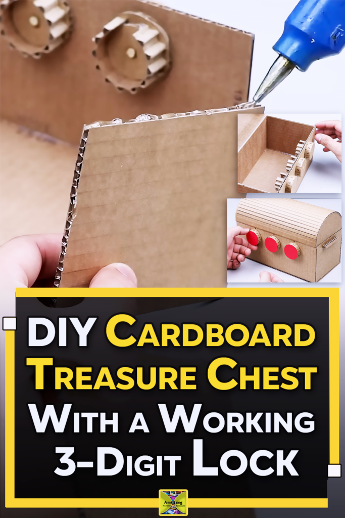 A handmade cardboard treasure chest with a curved lid and a working 3-digit combination lock, shown as a creative DIY craft project for making a secret storage box at home.