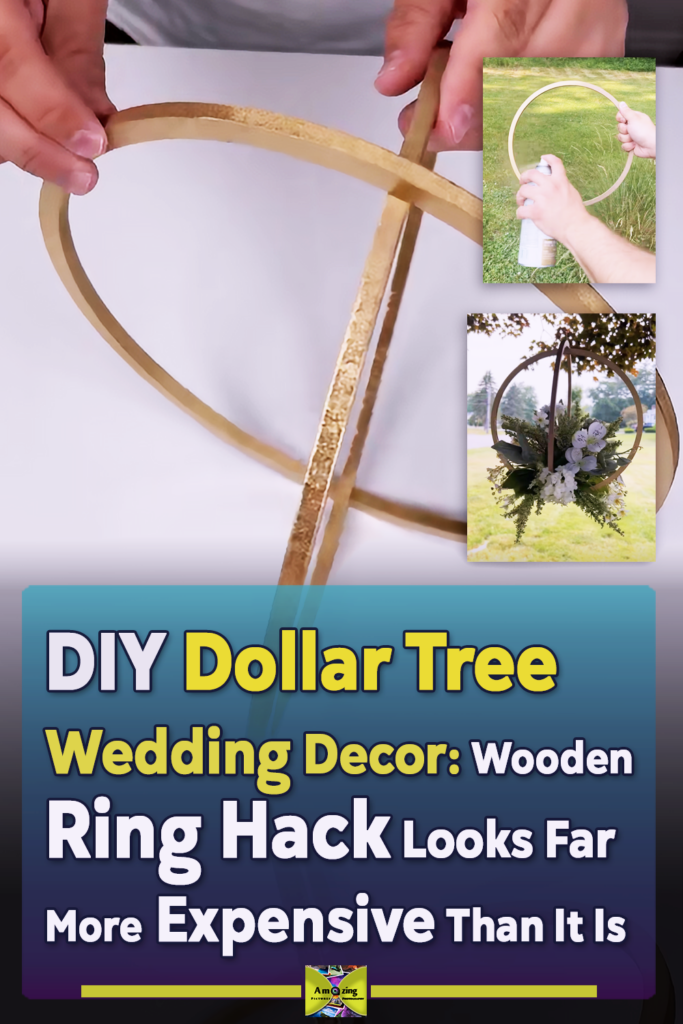 A Dollar Tree wedding decor DIY using wooden rings and a metallic gold finish to create elegant floral decor or centerpiece styling for a budget-friendly wedding.