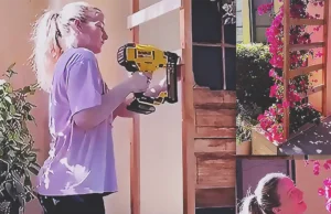 A small front garden corner transformed with a handmade wooden trellis supporting a climbing bougainvillea plant, creating a bright and welcoming floral entrance.