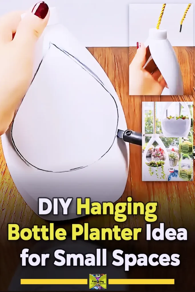 A DIY hanging planter made from a recycled plastic bottle, designed for small-space gardening and mini green decor. The planter is suspended with rope and styled as an easy upcycled garden idea for balconies or indoor corners.