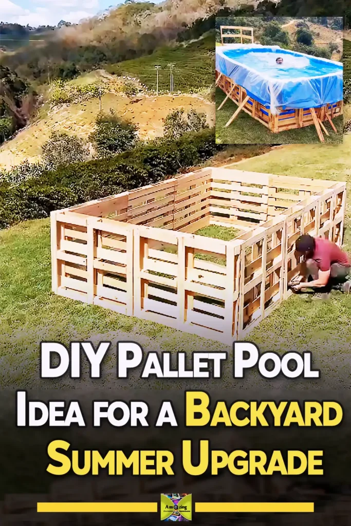 A DIY backyard pool project made from old wooden pallets, showing an upcycled outdoor build that transforms discarded materials into a creative summer pool idea.