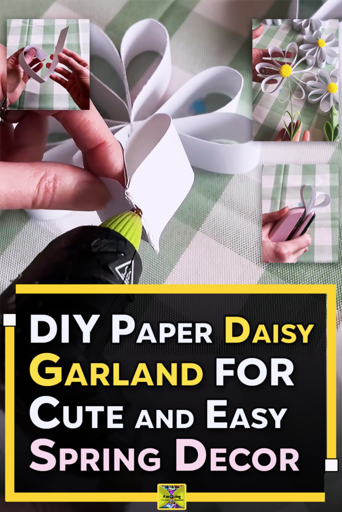 A handmade paper daisy garland made from simple paper strips, styled as cheerful spring decor for a wall, shelf, mantel, or party setup.