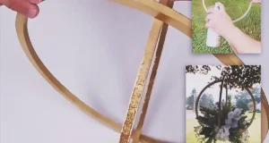 A Dollar Tree wedding decor DIY using wooden rings and a metallic gold finish to create elegant floral decor or centerpiece styling for a budget-friendly wedding.