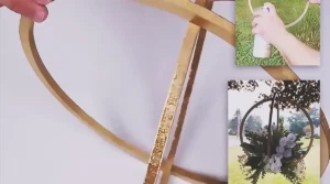A Dollar Tree wedding decor DIY using wooden rings and a metallic gold finish to create elegant floral decor or centerpiece styling for a budget-friendly wedding.