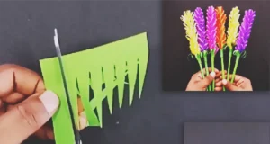 A DIY paper craft tutorial showing purple paper being shaped into lavender flower stems for handmade decor, bouquets, or gift arrangements.