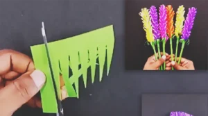 A DIY paper craft tutorial showing purple paper being shaped into lavender flower stems for handmade decor, bouquets, or gift arrangements.