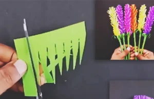 A DIY paper craft tutorial showing purple paper being shaped into lavender flower stems for handmade decor, bouquets, or gift arrangements.