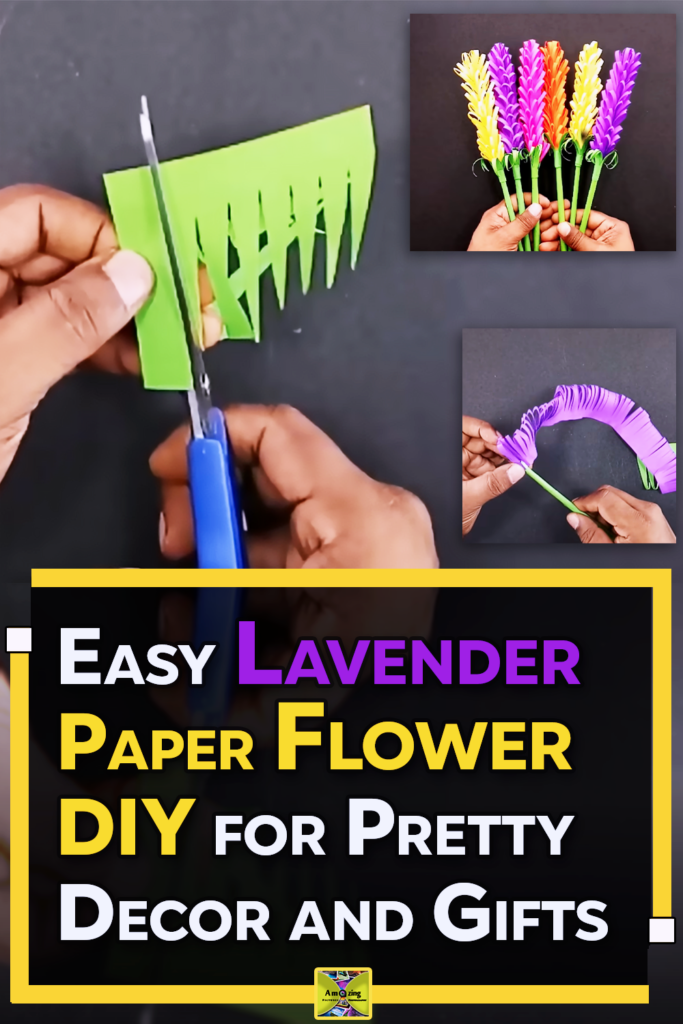 A DIY paper craft tutorial showing purple paper being shaped into lavender flower stems for handmade decor, bouquets, or gift arrangements.