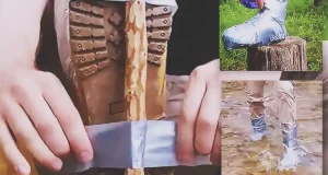 A step by step outdoor DIY showing how to make emergency waterproof boot covers with duct tape and a plastic bag for camping, bushcraft, muddy trails, and water crossings.