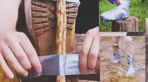 A step by step outdoor DIY showing how to make emergency waterproof boot covers with duct tape and a plastic bag for camping, bushcraft, muddy trails, and water crossings.