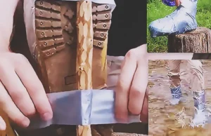 A step by step outdoor DIY showing how to make emergency waterproof boot covers with duct tape and a plastic bag for camping, bushcraft, muddy trails, and water crossings.