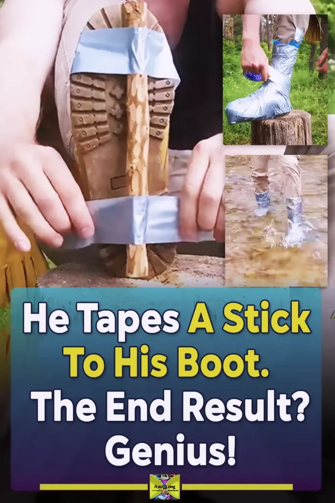 A step by step outdoor DIY showing how to make emergency waterproof boot covers with duct tape and a plastic bag for camping, bushcraft, muddy trails, and water crossings.