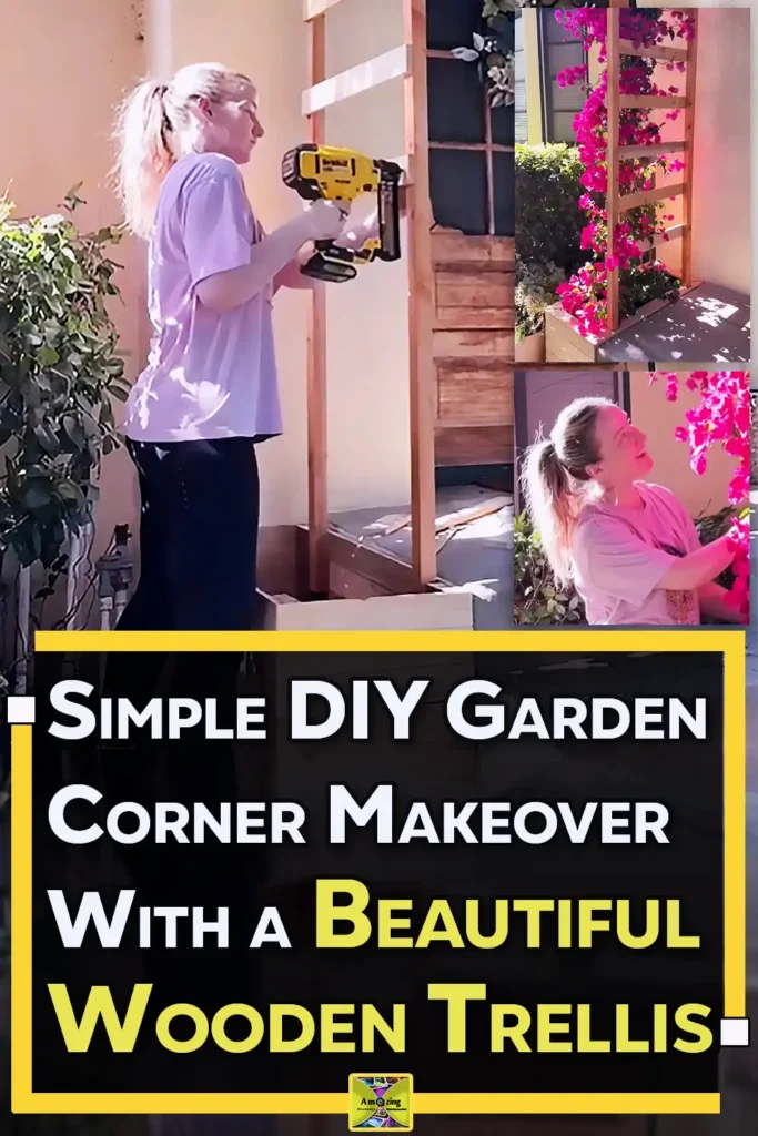 A small front garden corner transformed with a handmade wooden trellis supporting a climbing bougainvillea plant, creating a bright and welcoming floral entrance.