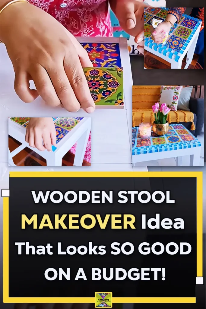 A DIY wooden stool makeover transformed into a stylish tile-top decor piece with a clean, modern, Pinterest-inspired look for budget home decor.