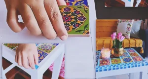 A DIY wooden stool makeover transformed into a stylish tile-top decor piece with a clean, modern, Pinterest-inspired look for budget home decor.