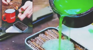 A homemade camping fire starter made from corrugated cardboard soaked in green melted wax and stored in a small metal tin, with one piece being lit outdoors.