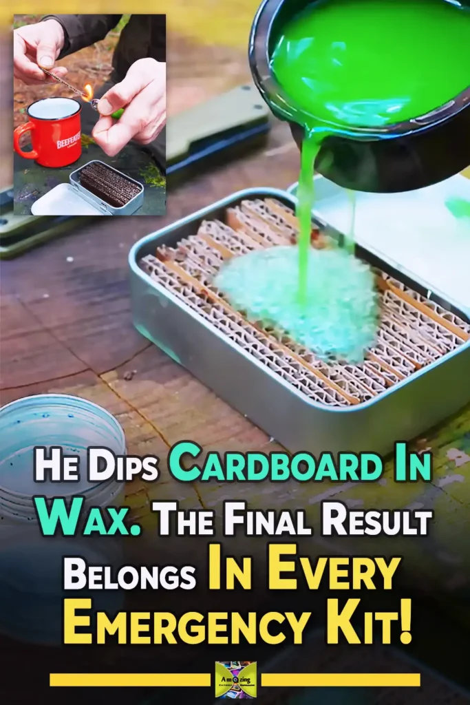 A homemade camping fire starter made from corrugated cardboard soaked in green melted wax and stored in a small metal tin, with one piece being lit outdoors.