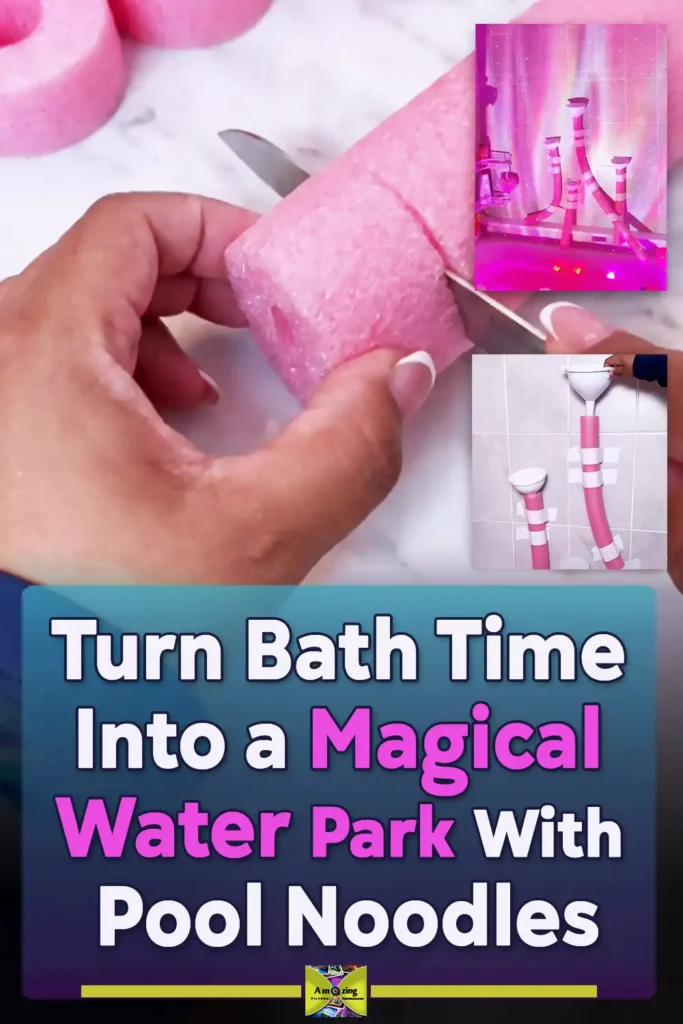 A pink pool noodle bathtub water wall with white funnels taped to bathroom tiles above a colorful bath setup, creating a fun DIY glow bath play area for kids.