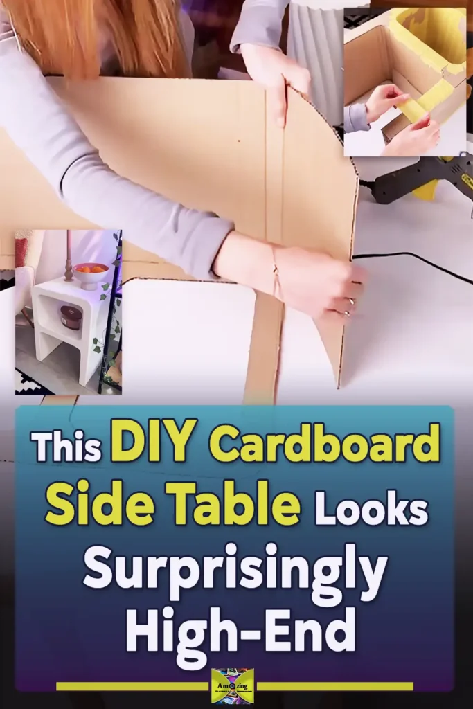A handmade white nightstand made from cardboard with rounded shelf openings, styled beside a chair with a bowl and candle on top for a modern DIY home decor project.