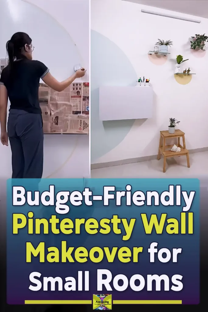 A pastel DIY Pinteresty wall with a large blue-green painted arch, small peach and yellow half-circle shelf backdrops, plants, floating shelves, and a white wall-mounted desk.